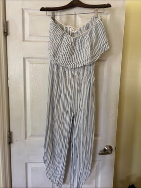 Japna Blue & White Striped Off-Shoulder Jumpsuit